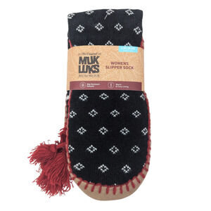 Muk Luks Womens Slipper Socks Slip Resistant Tassel Black Red L XL 8-10 Cozy NEW
